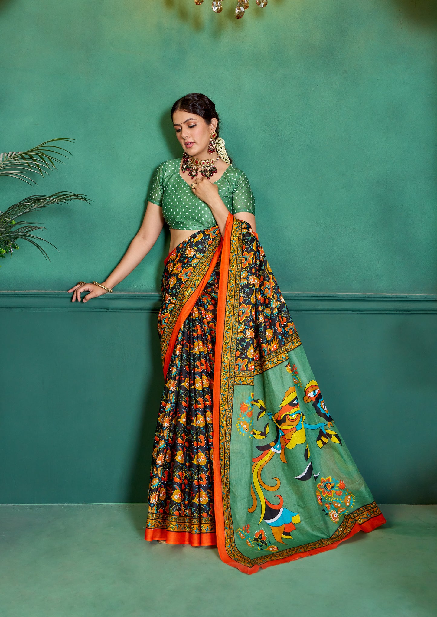 Black-Green Cotton Mul Printed Saree