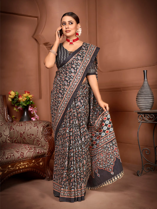 Black Cotton Mul Printed Saree