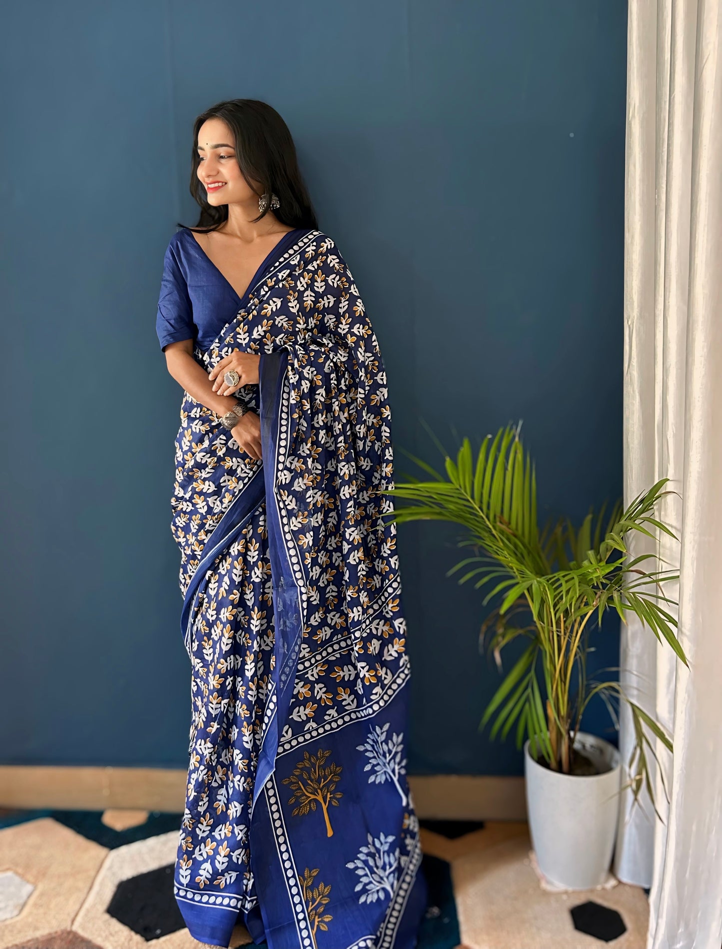 Blue Cotton Mul Printed Saree