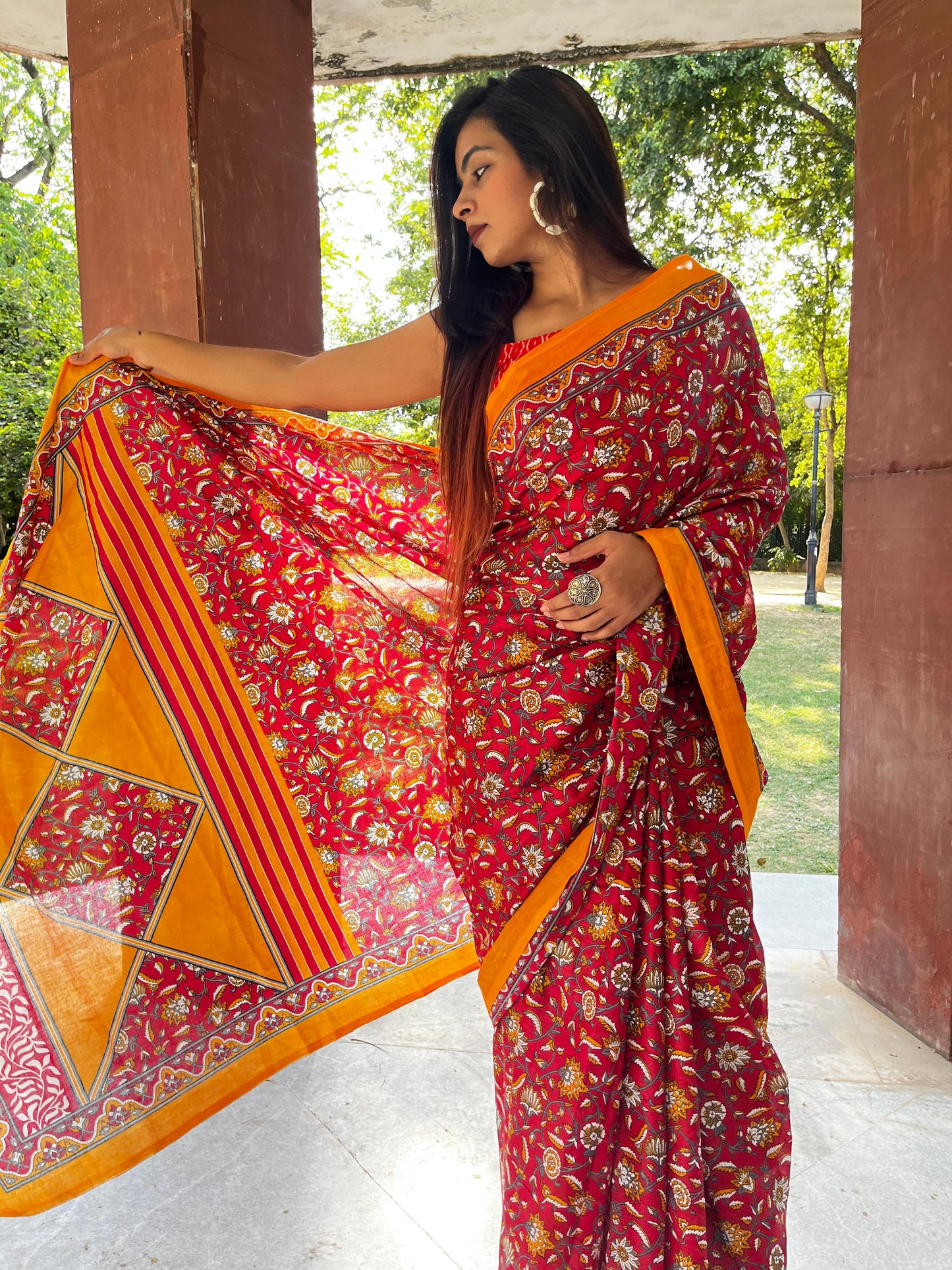 Red Cotton Mul Printed Saree