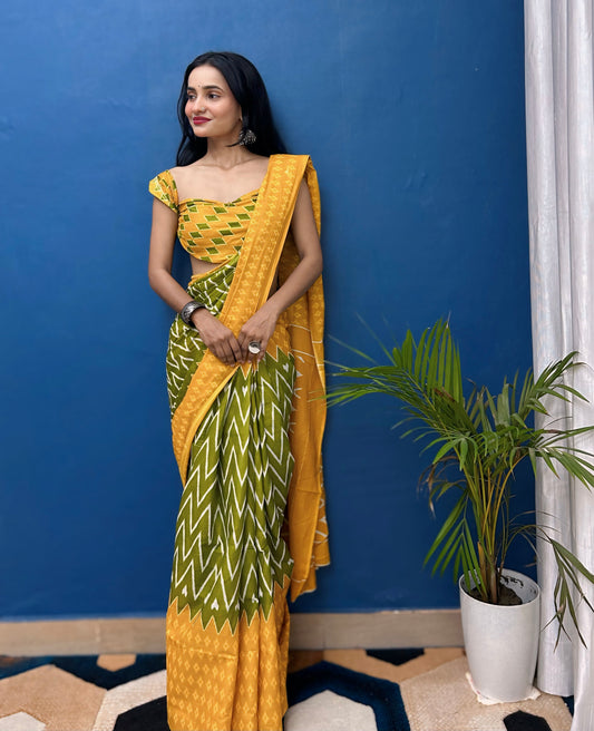 Green-Yellow Cotton Mul Printed Saree