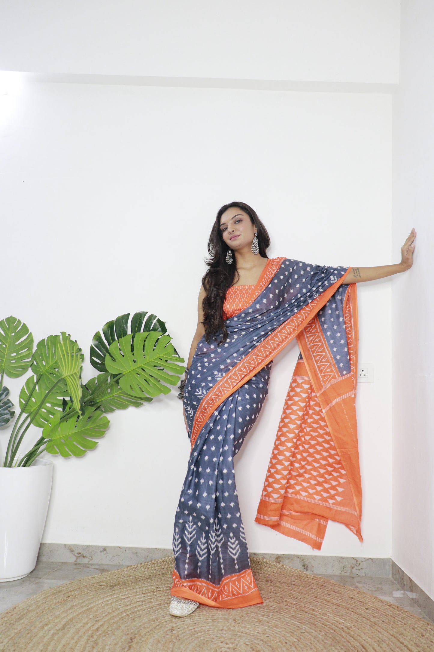 Orange-Grey Cotton Printed Saree