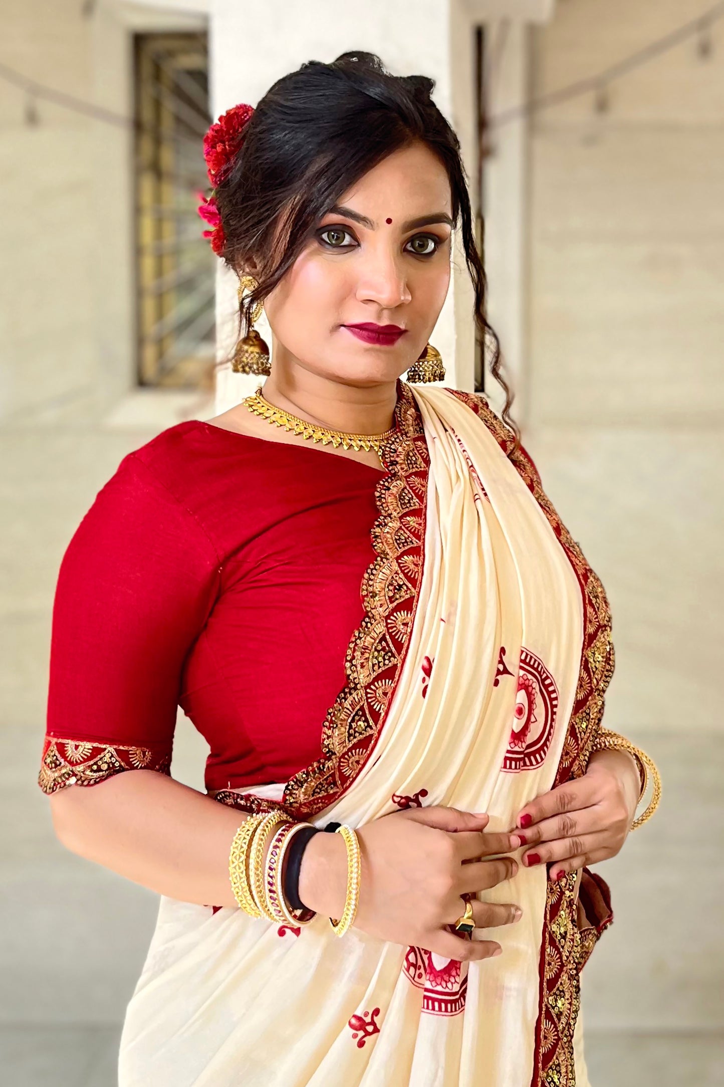 White-Red Cotton Mul Printed Saree