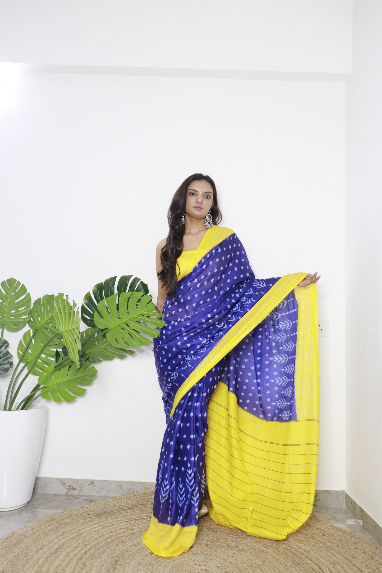 Blue-Yellow Cotton Printed Saree