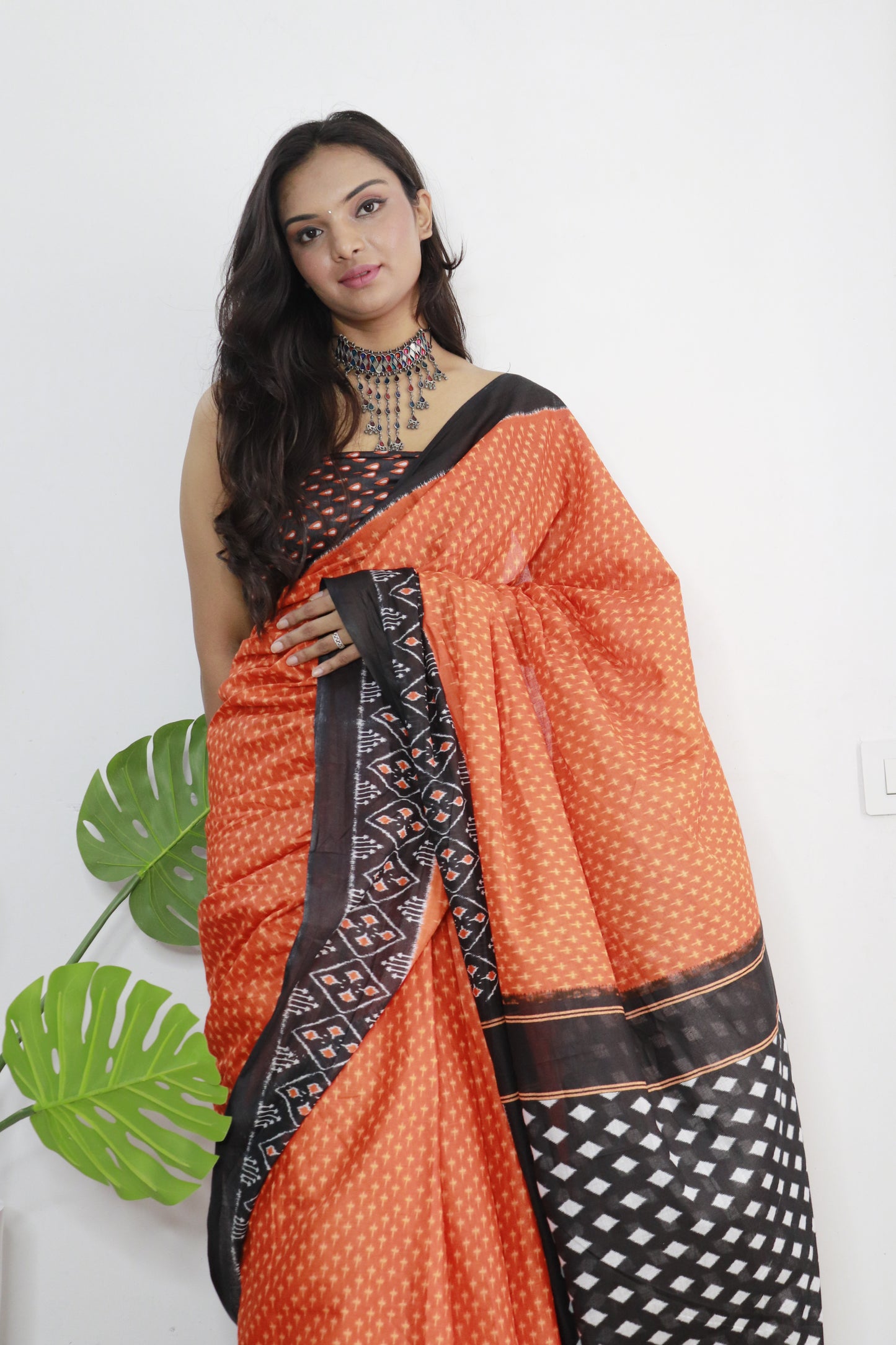 Orange-Black Cotton Printed Saree