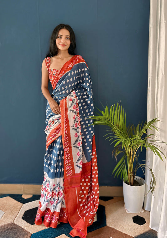 Orange-Grey Cotton Mul Printed Saree