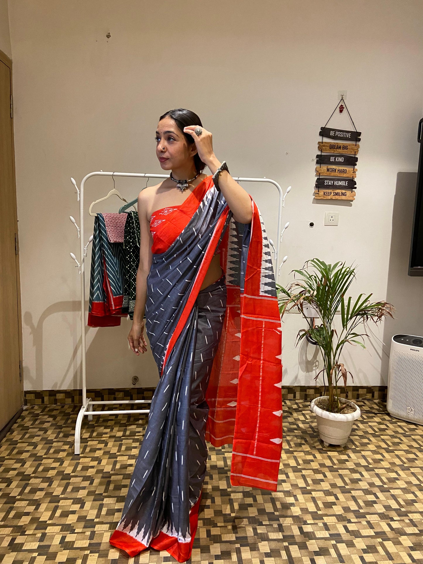 Dark Grey Cotton Printed Saree