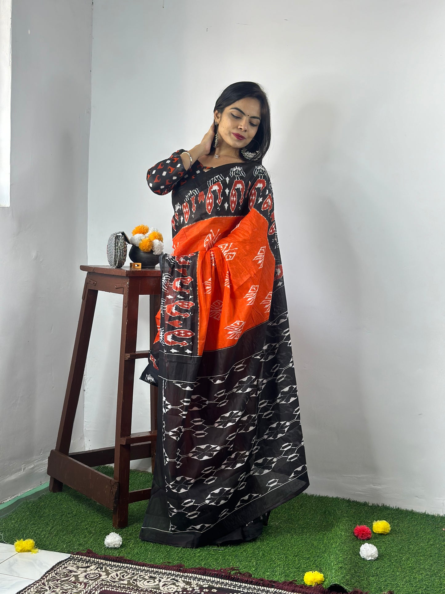 Black-Orange Cotton Mul Printed Saree