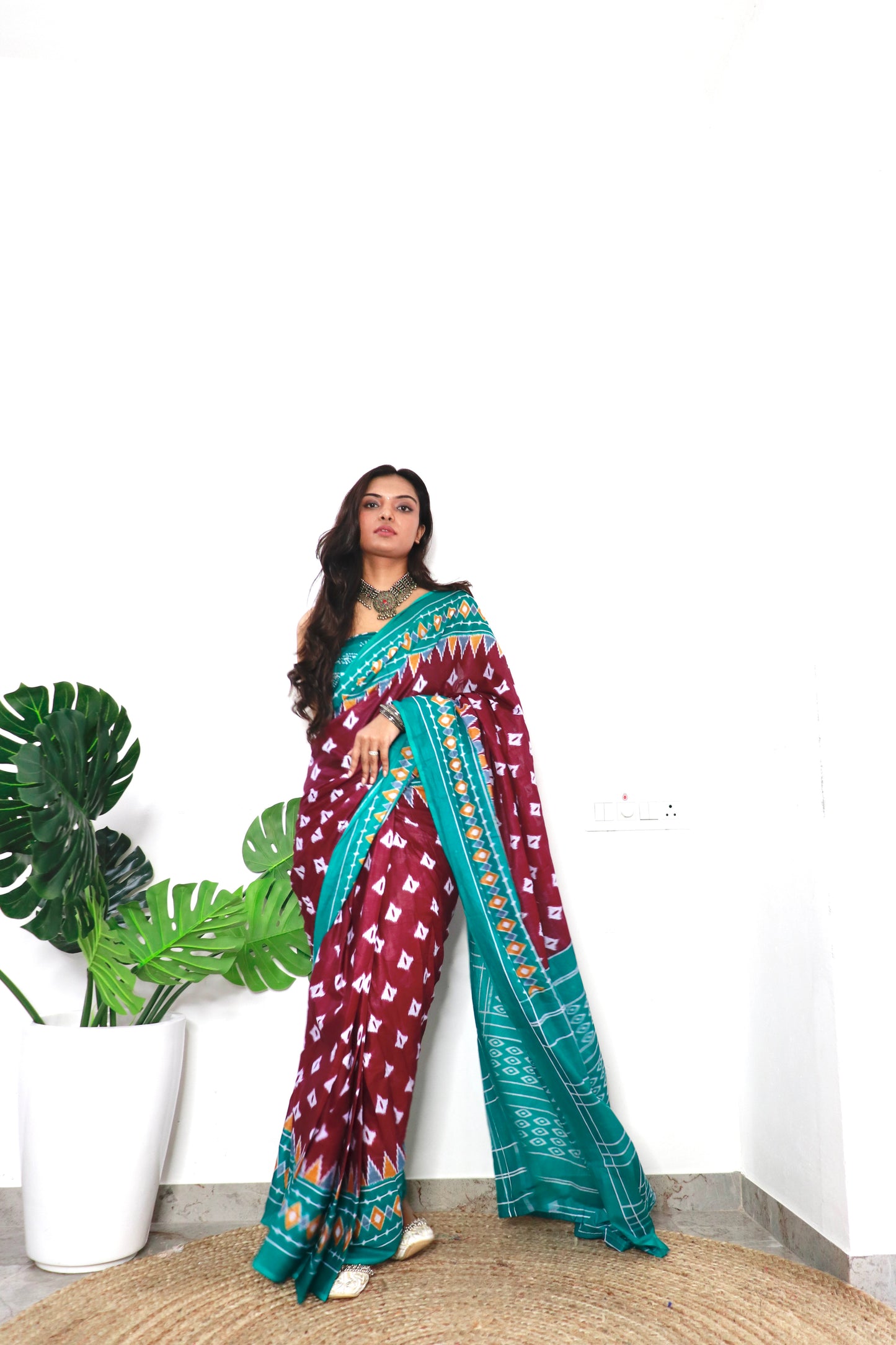 Wine-Teal Blue Cotton Printed Saree