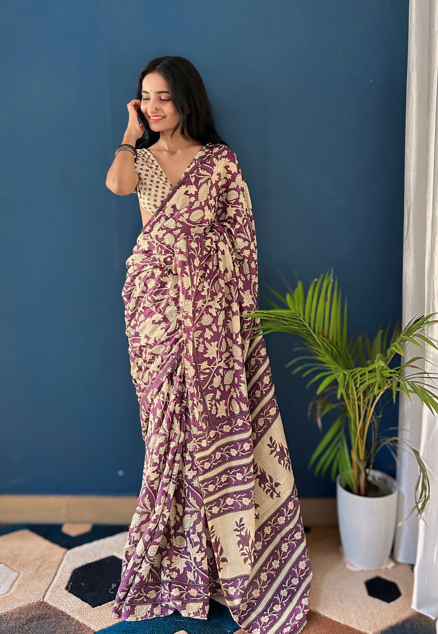 Creamy-Wine Cotton Mul Printed Saree