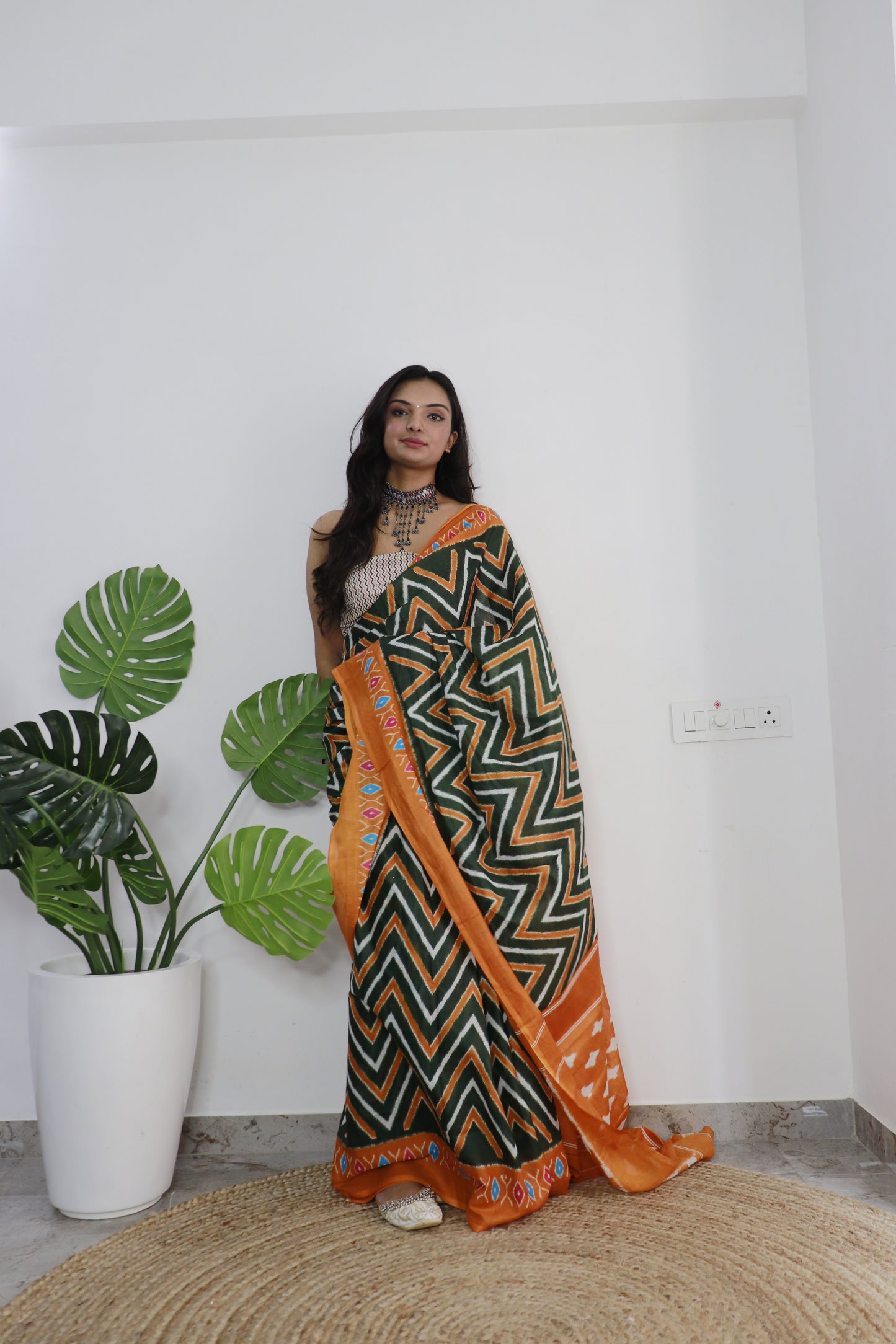 Green-Yellow Cotton Printed Saree