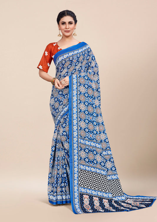 Designer Blue Cotton Mul Printed Saree