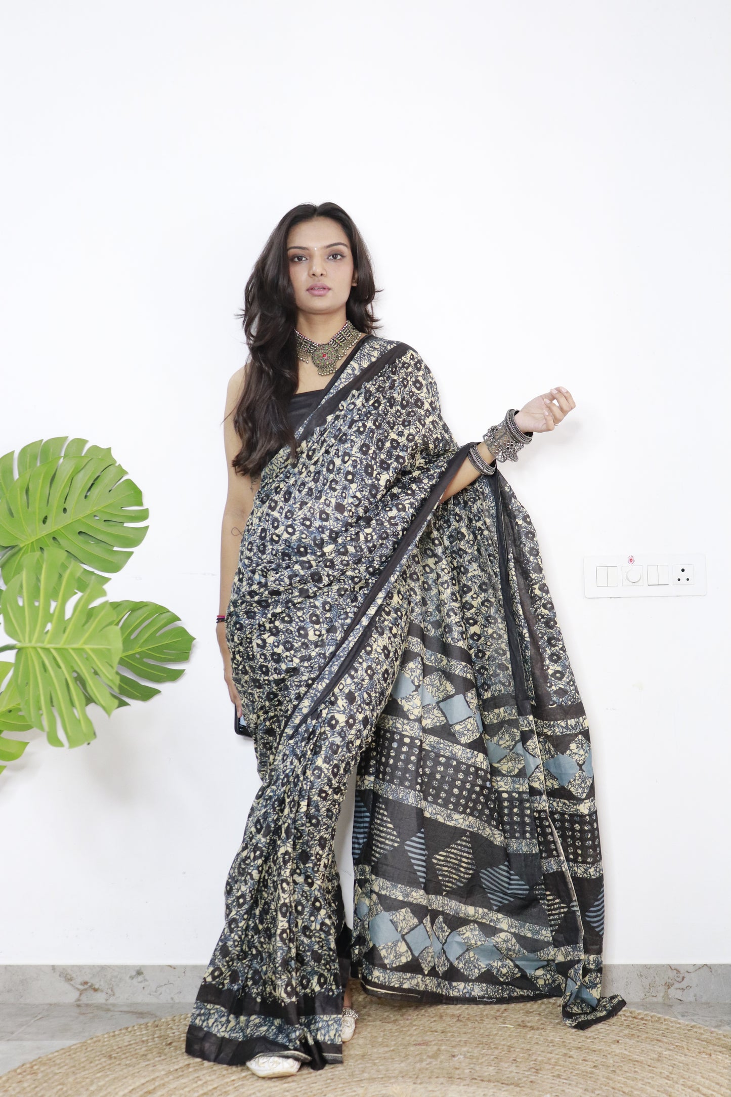 Black Cotton Printed Saree