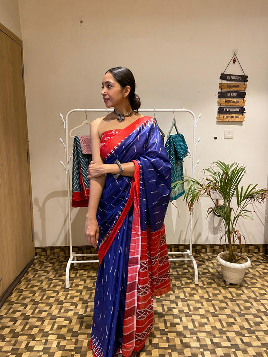 Blue-Red Cotton Printed Saree