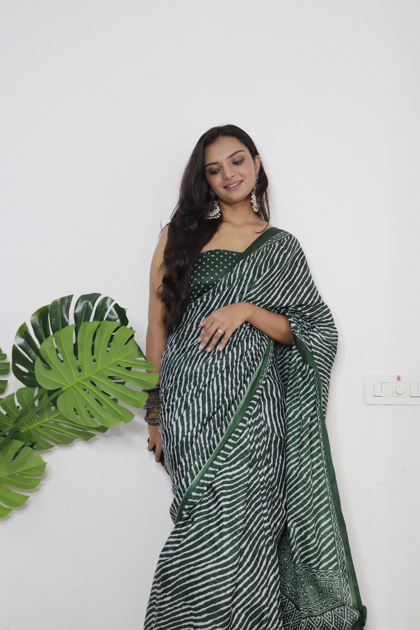 Dark Green Cotton Printed Saree