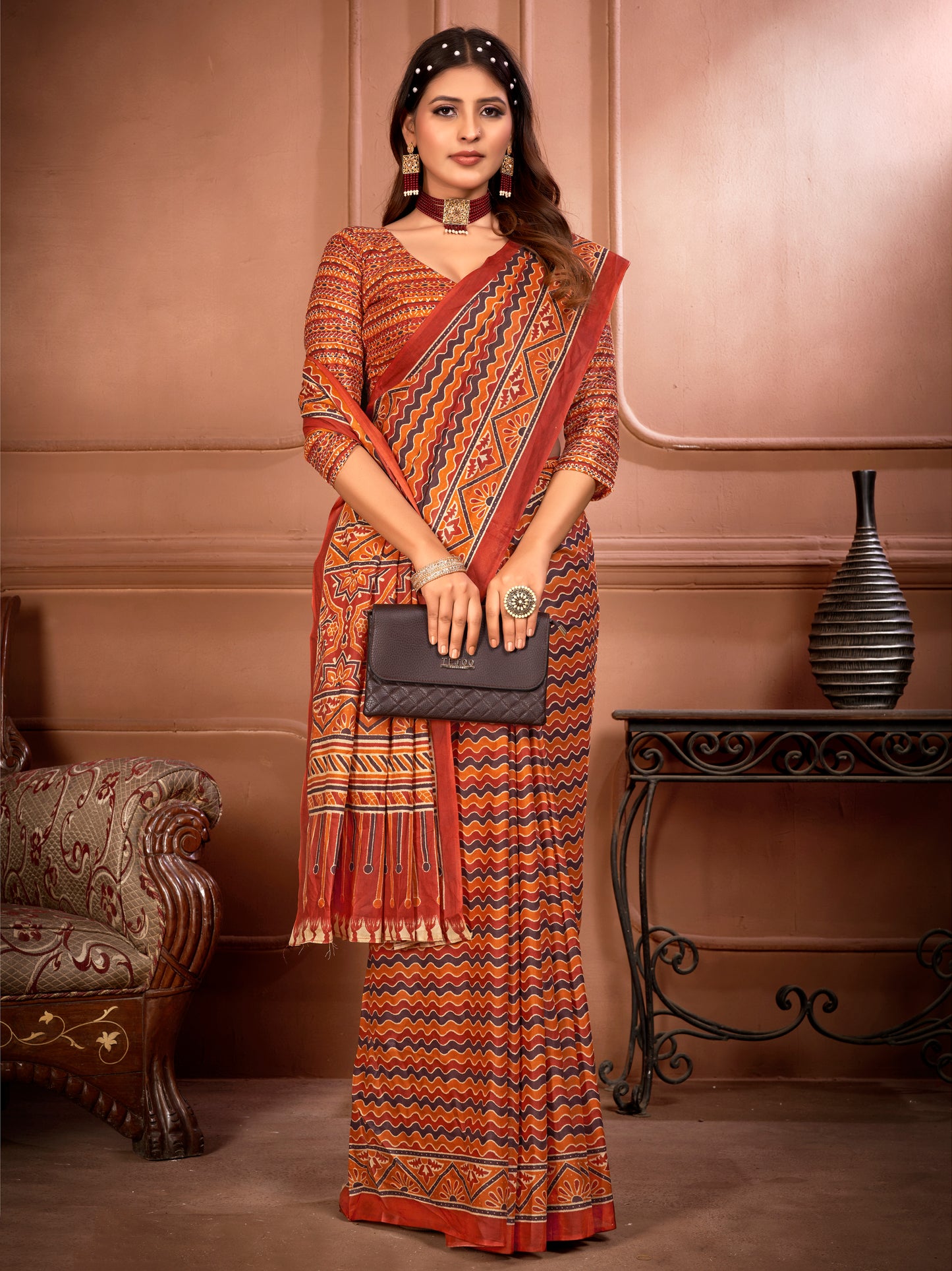 Orange Cotton Mul Printed Saree