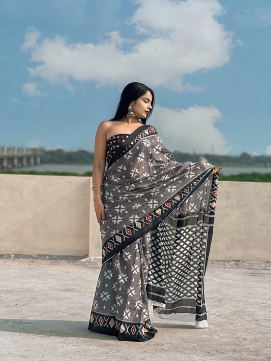 Dark Grey Cotton Mul Printed Saree