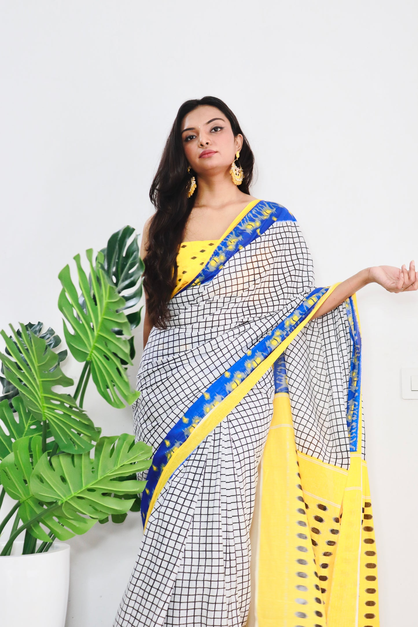 Yellow-White Cotton Printed Saree