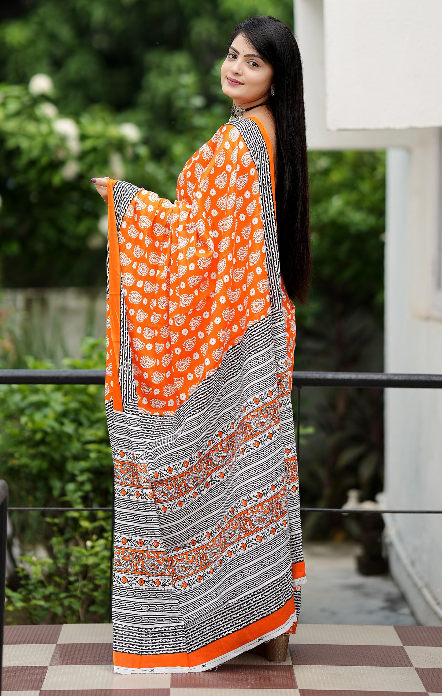 Orange Cotton Mul Printed Saree