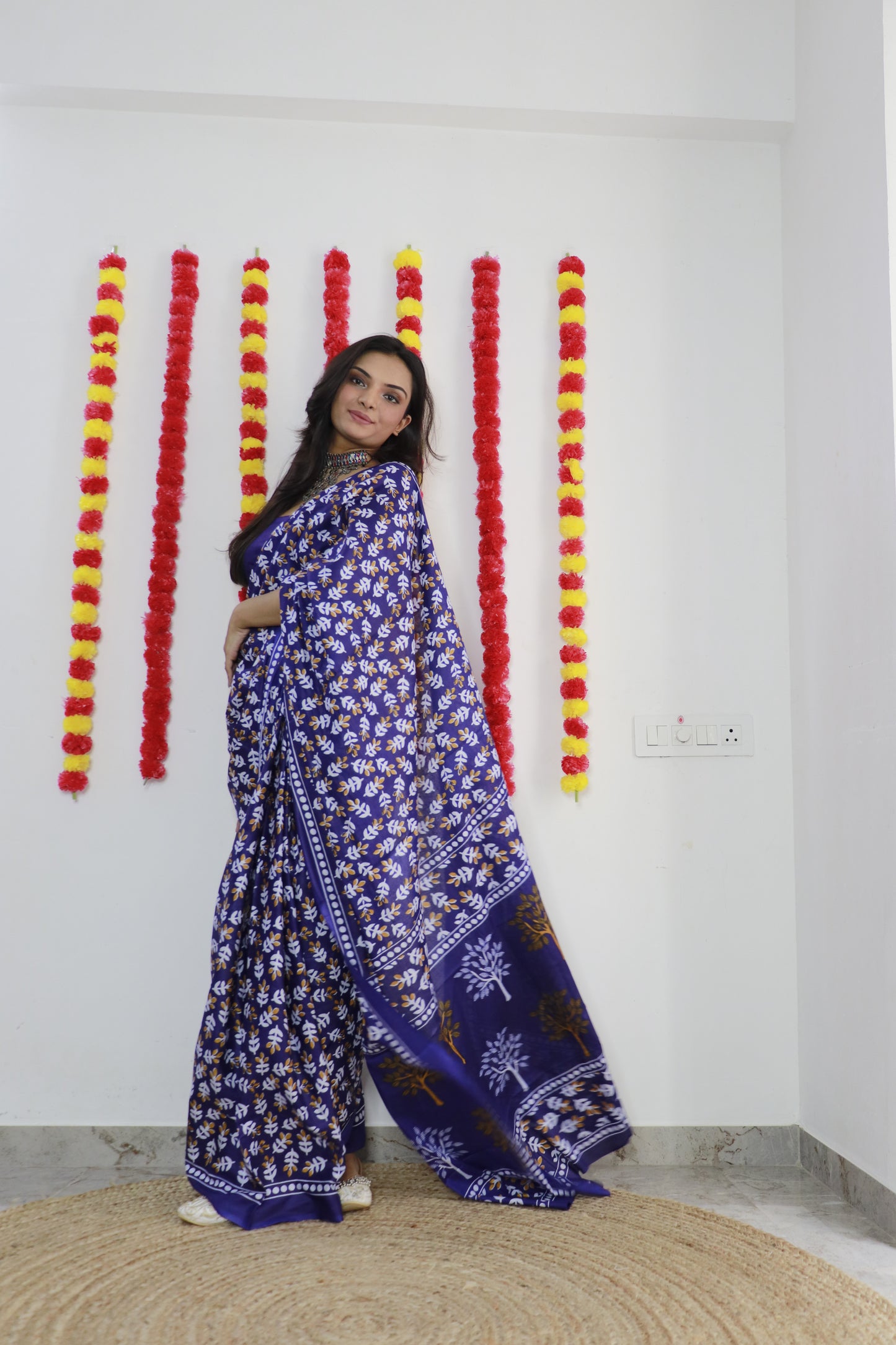 Purple Block Printed Cotton Mul Saree