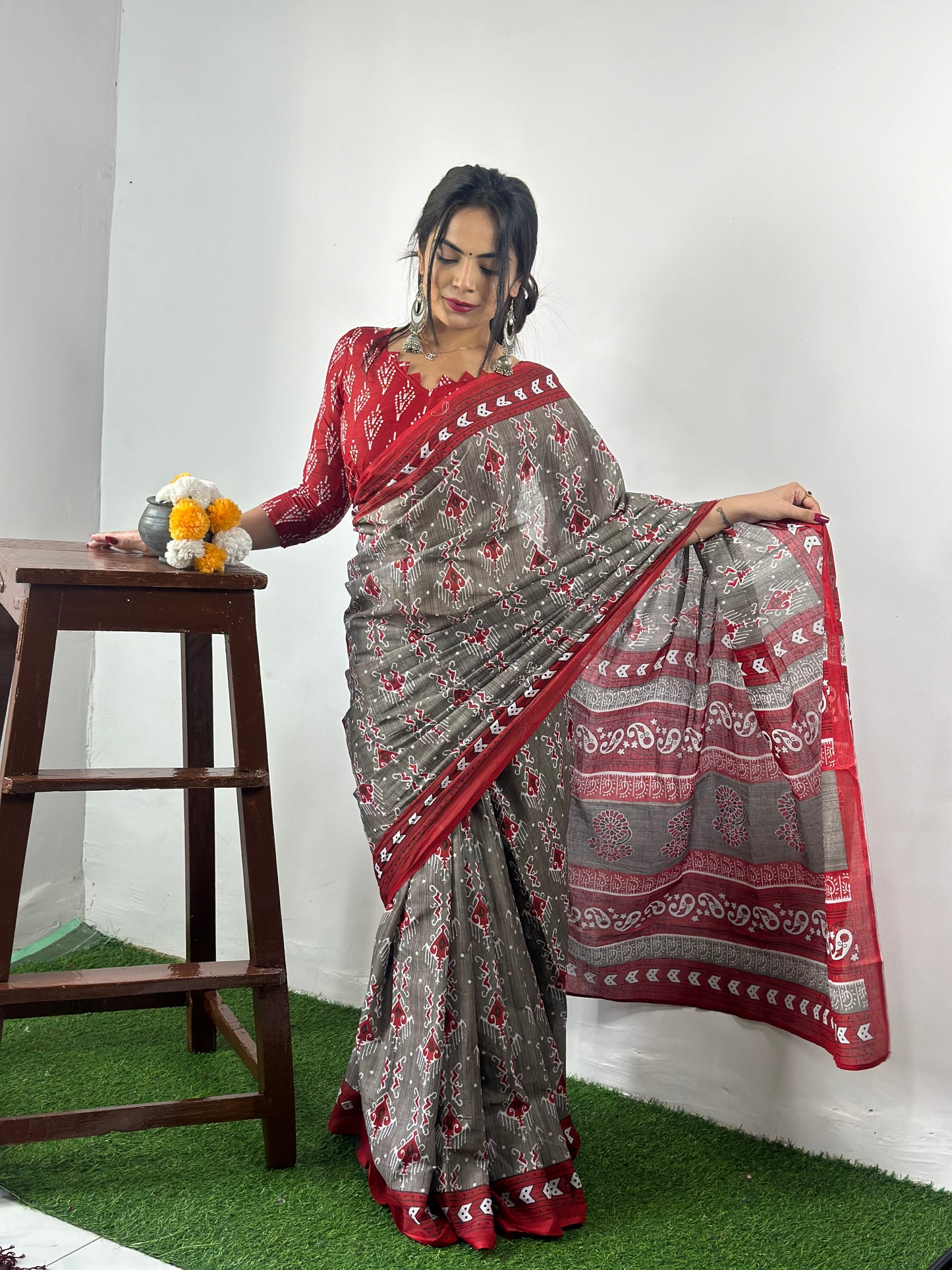 Maroon-Grey Cotton Mul Printed Saree