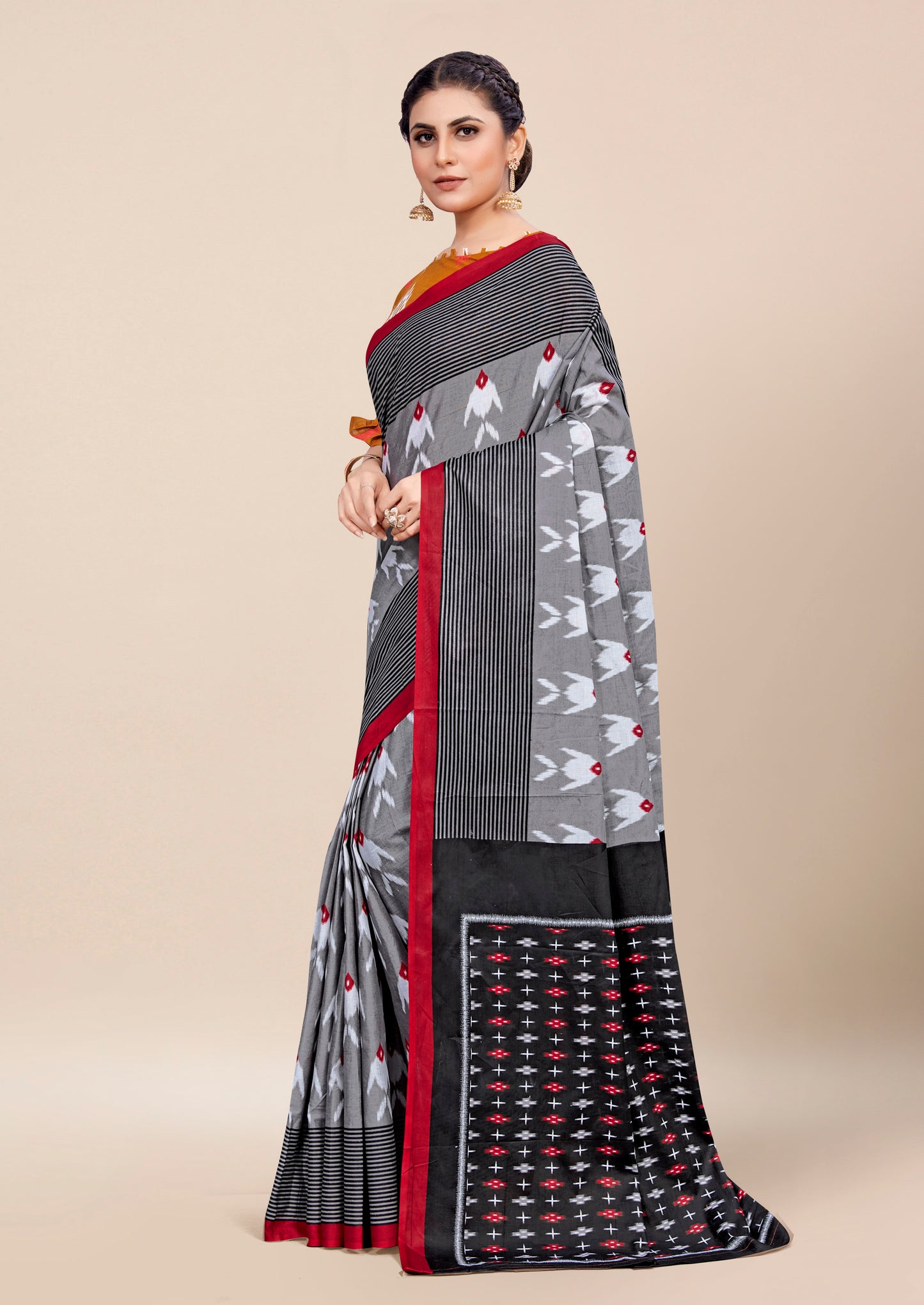 Black-Grey Cotton Mul Printed Saree