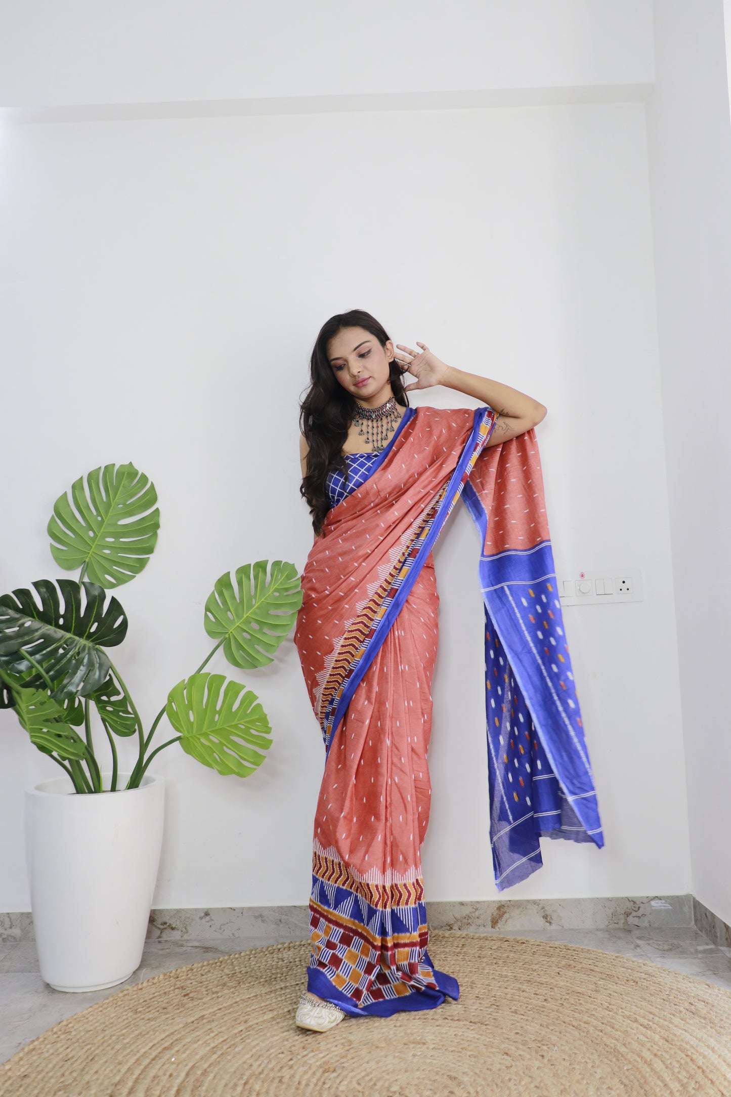 Peach-Blue Cotton Printed Saree