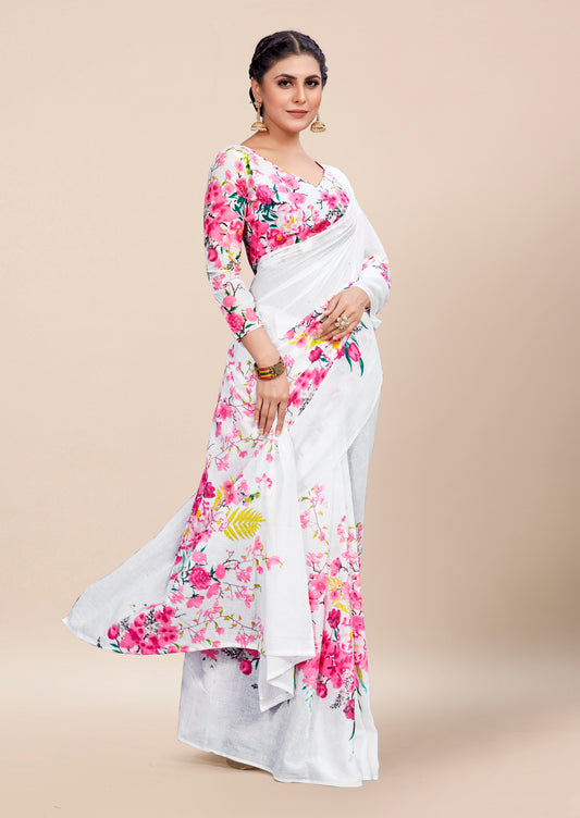 White Cotton Mul Printed Saree