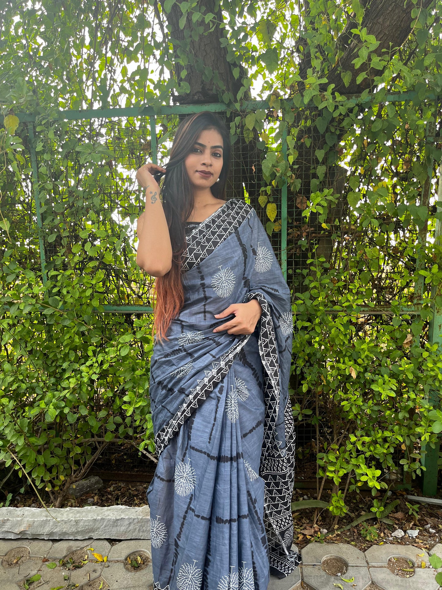 Grey Cotton Mul Printed Saree