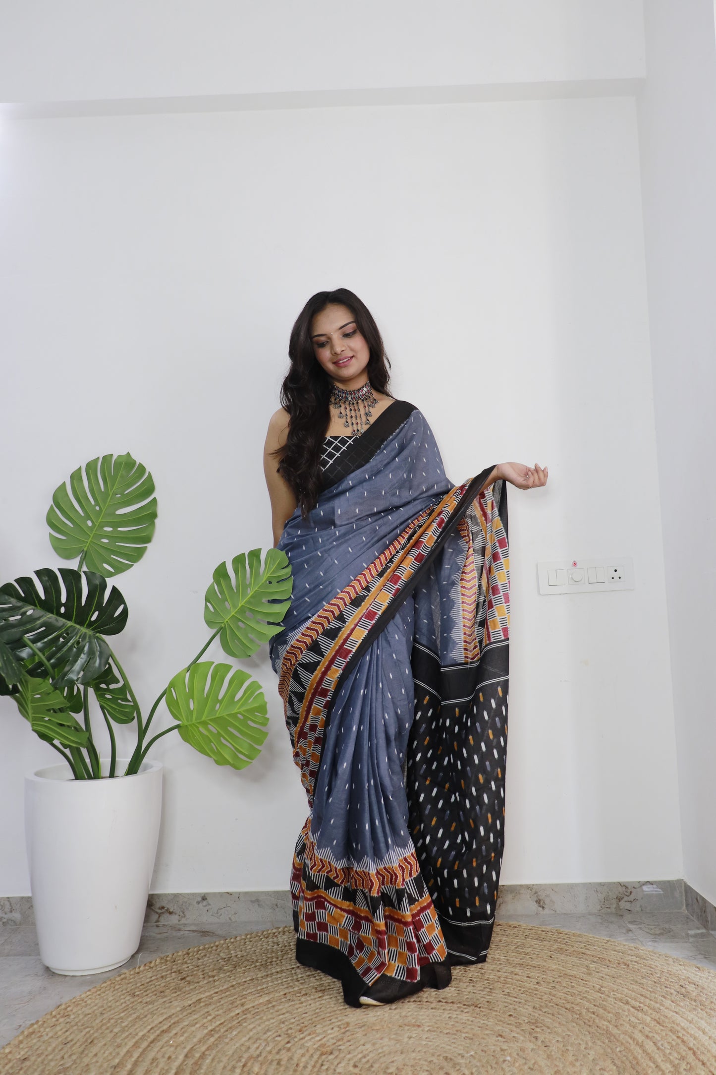 Blue Cotton Printed Saree