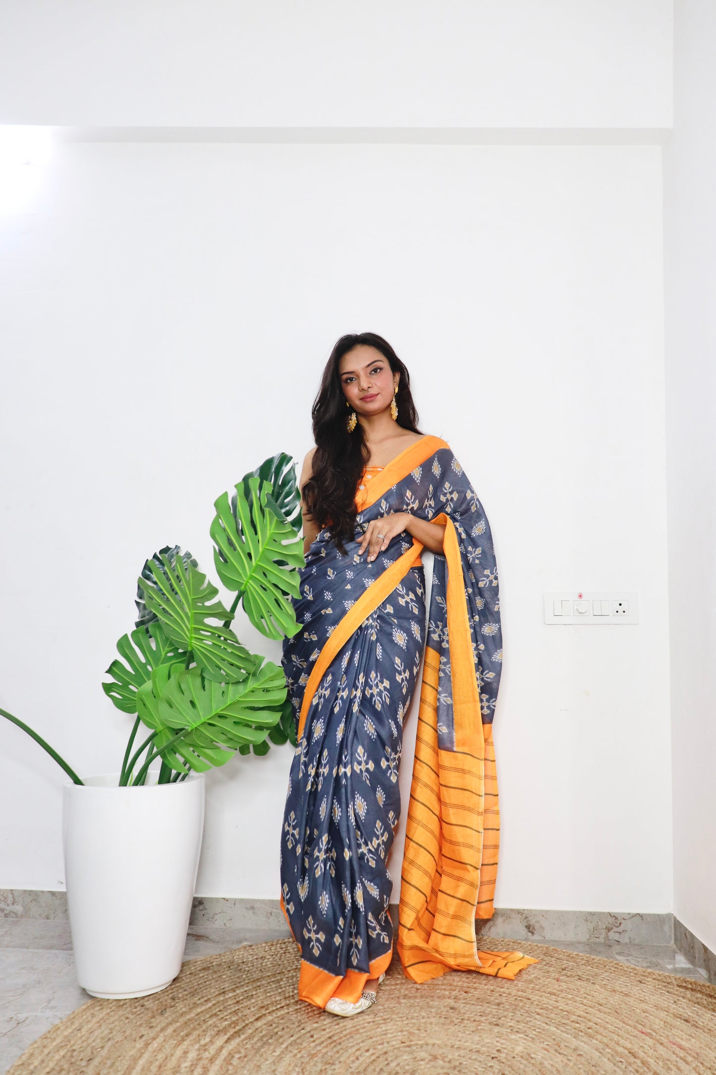 Grey-Mustard Cotton Printed Saree