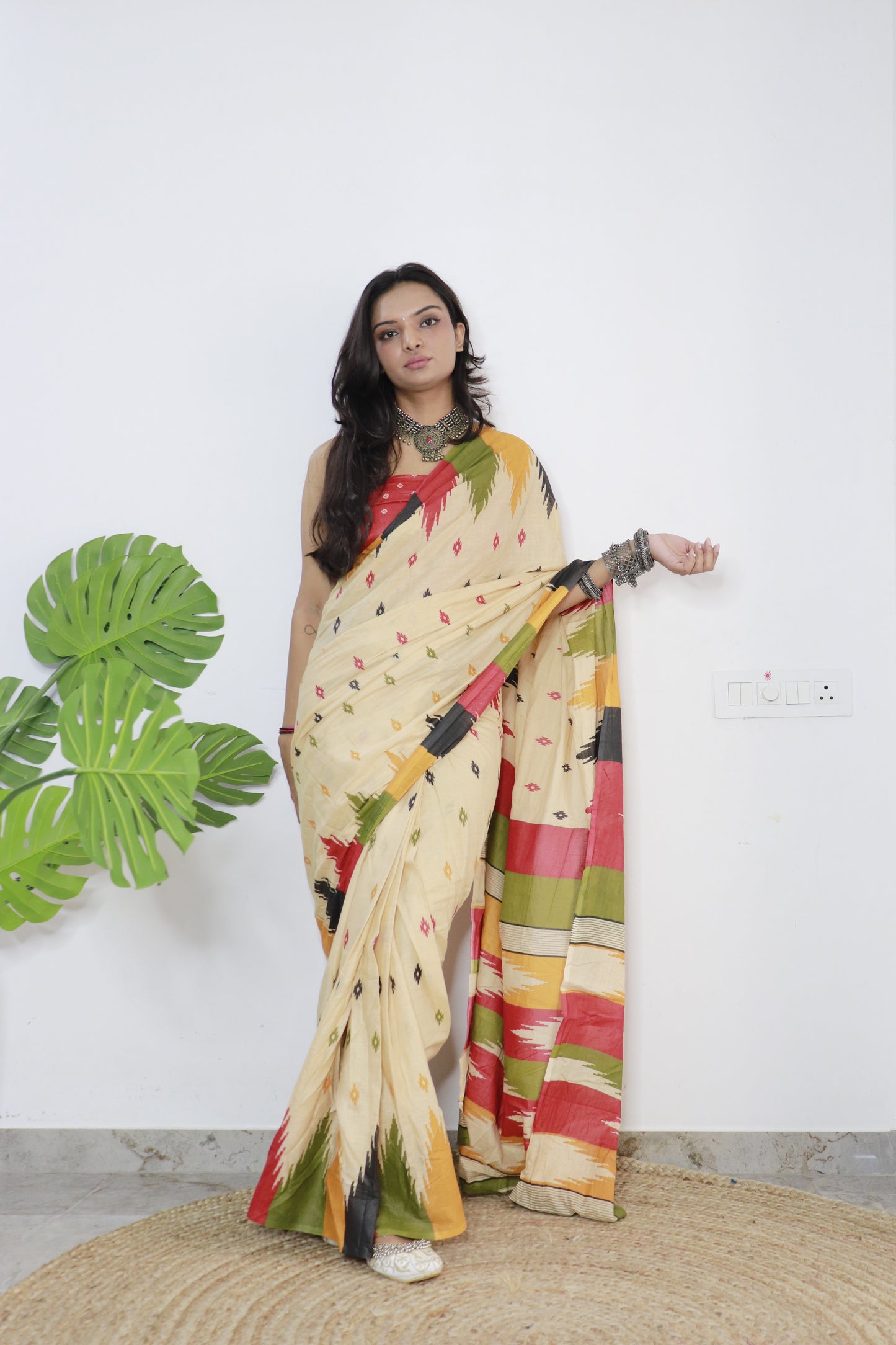 Cream Cotton Printed Saree