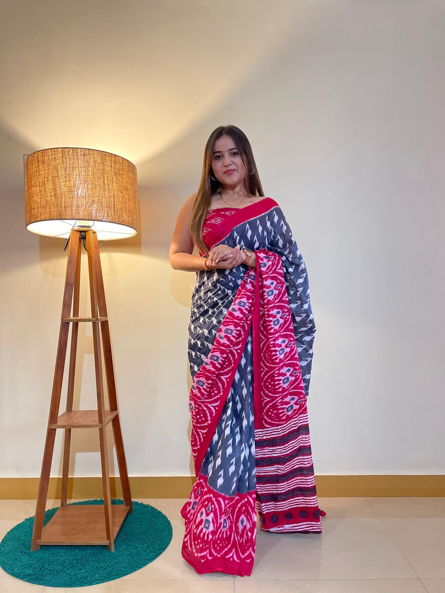 Pink-Grey Cotton Mul Printed Saree