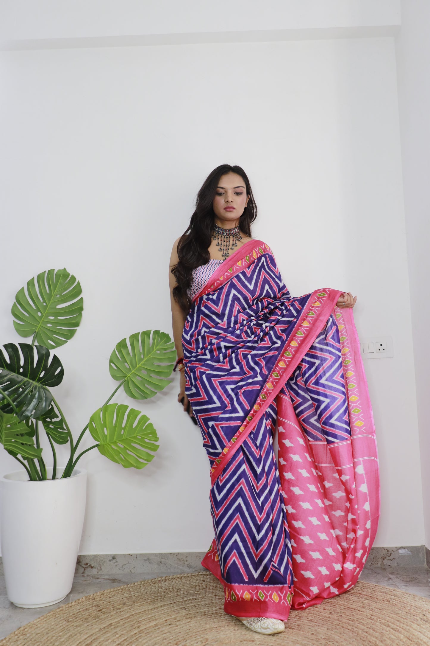 Blue-Pink Cotton Printed Saree