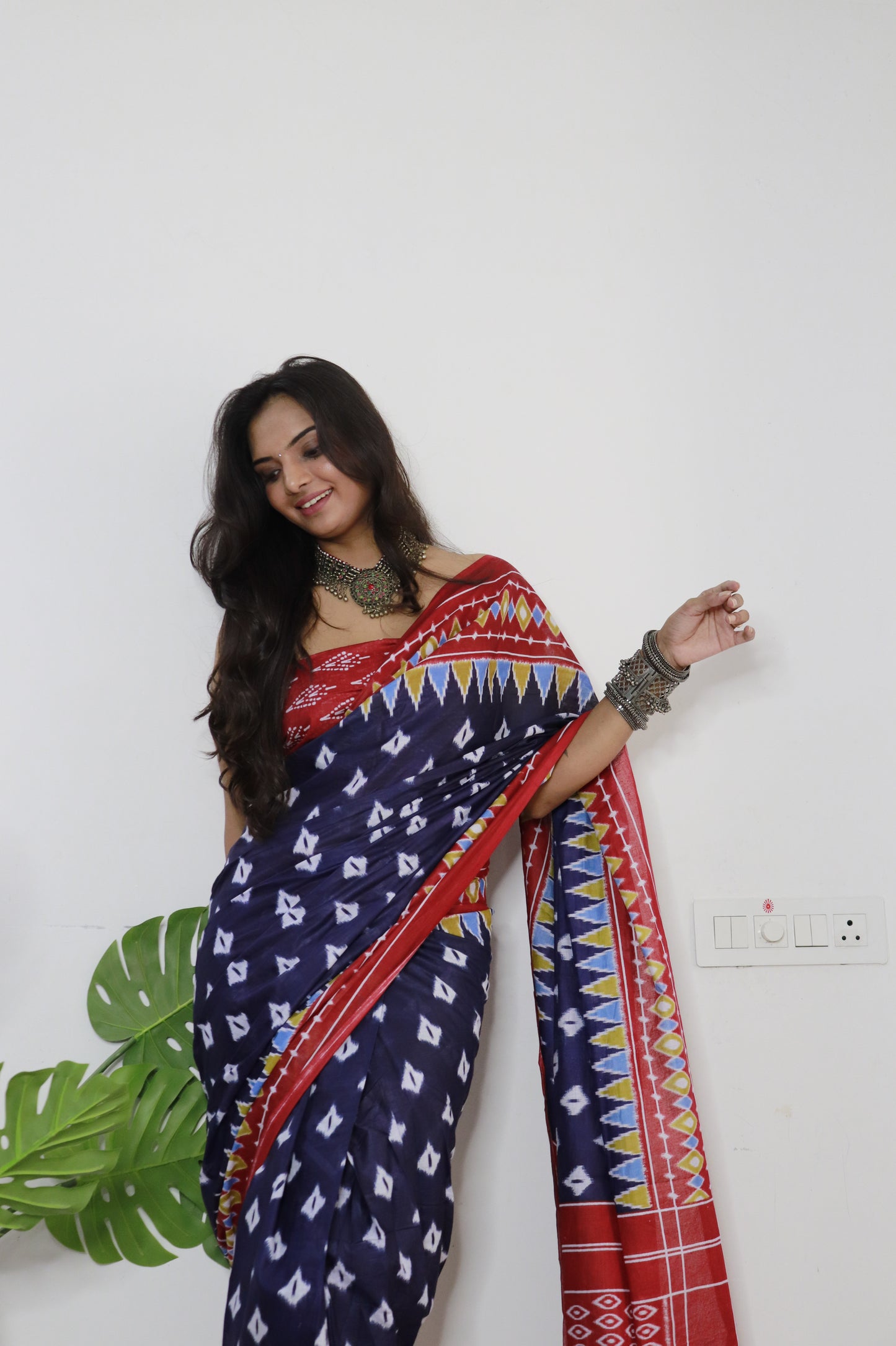 Blue-Red Cotton Printed Saree