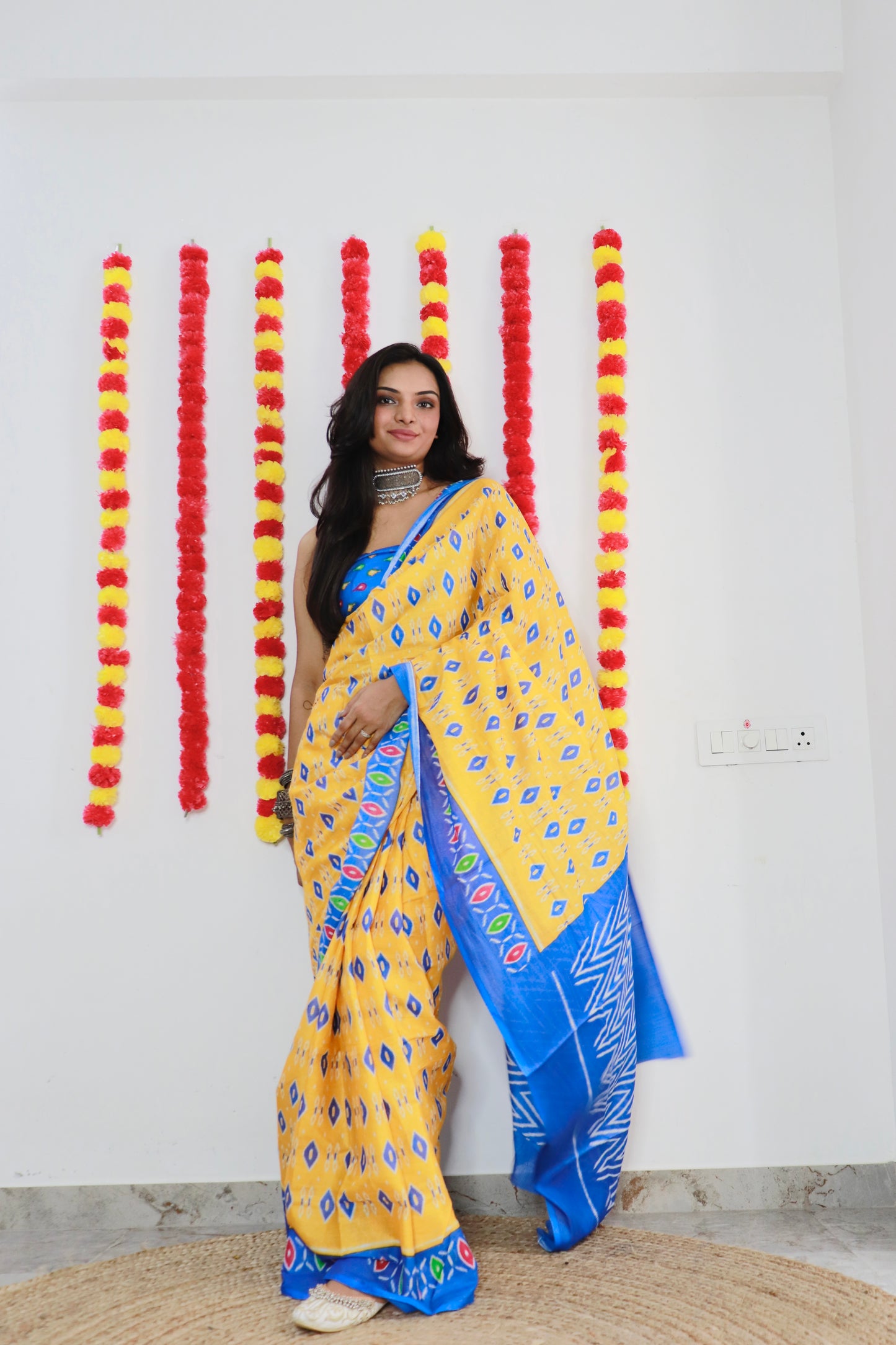 Yellow-Sky Cotton Mul Printed Saree