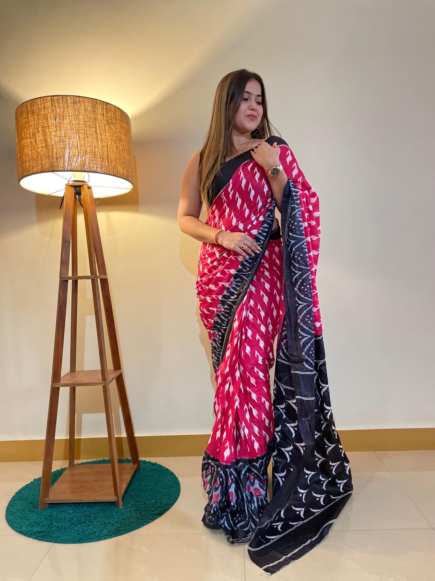 Pink-Black Cotton Mul Printed Saree