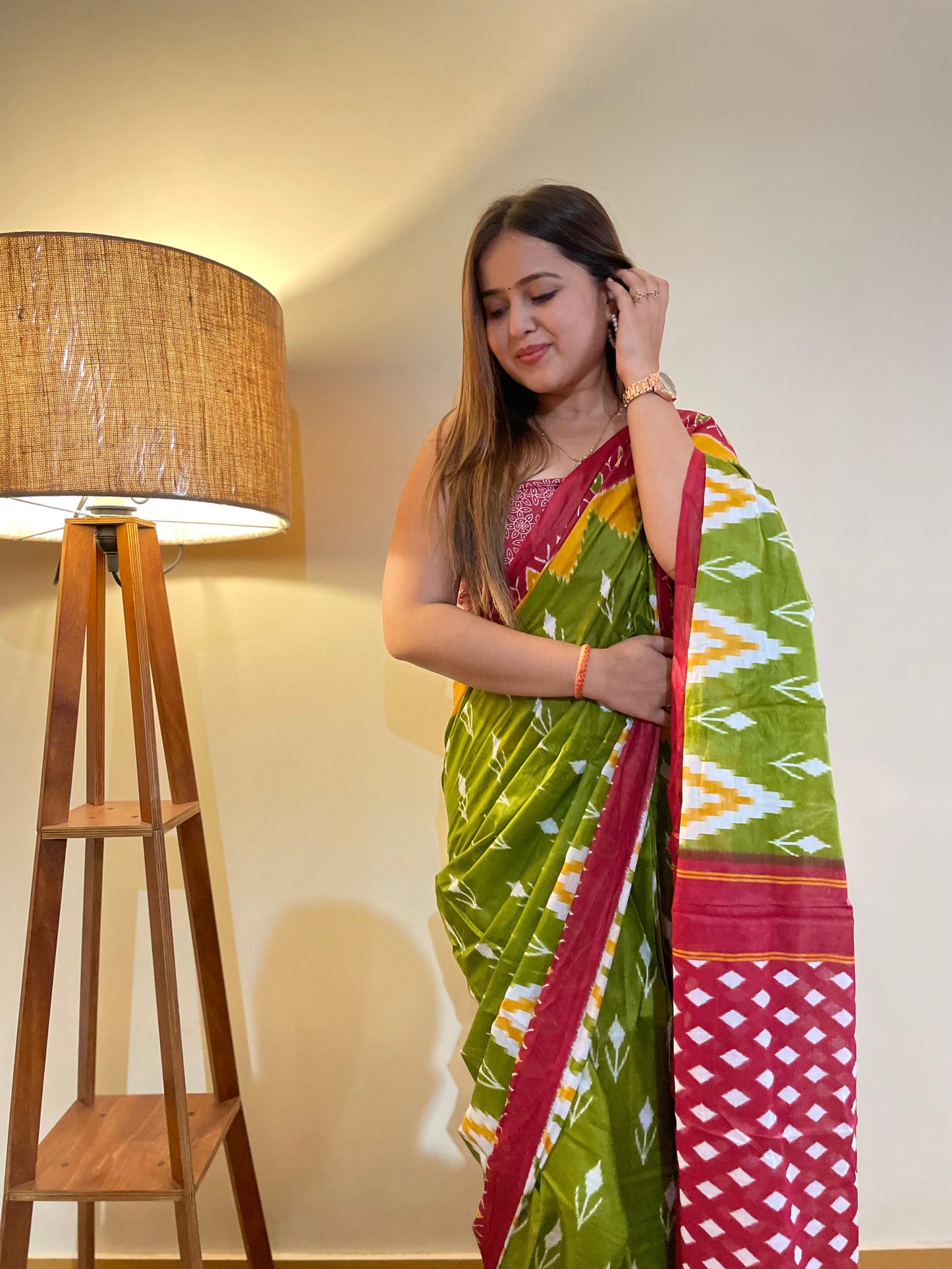 Green-Red Cotton Mul Printed Saree