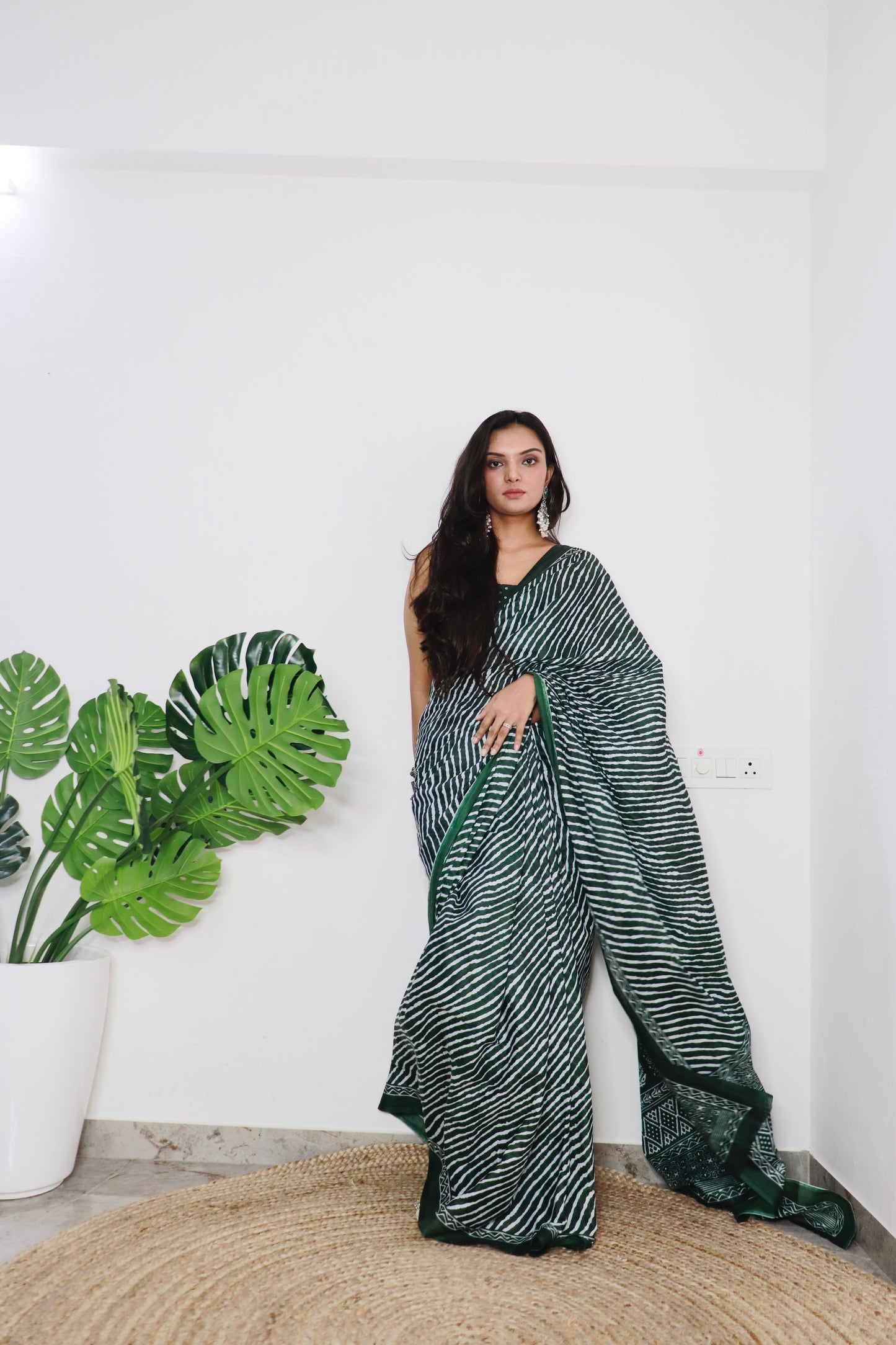 Dark Green Cotton Printed Saree