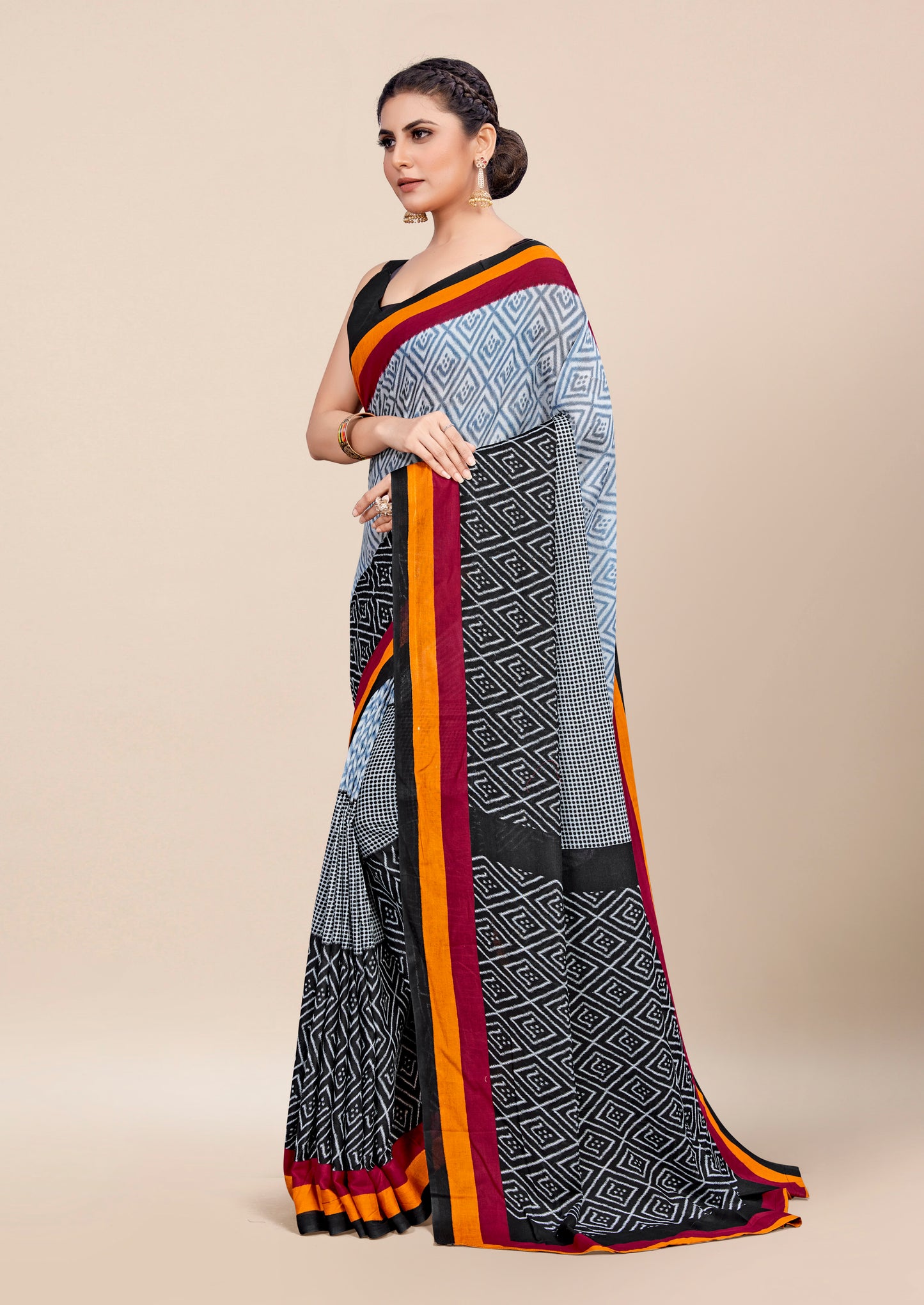 Black-Grey Cotton Mul Printed Saree