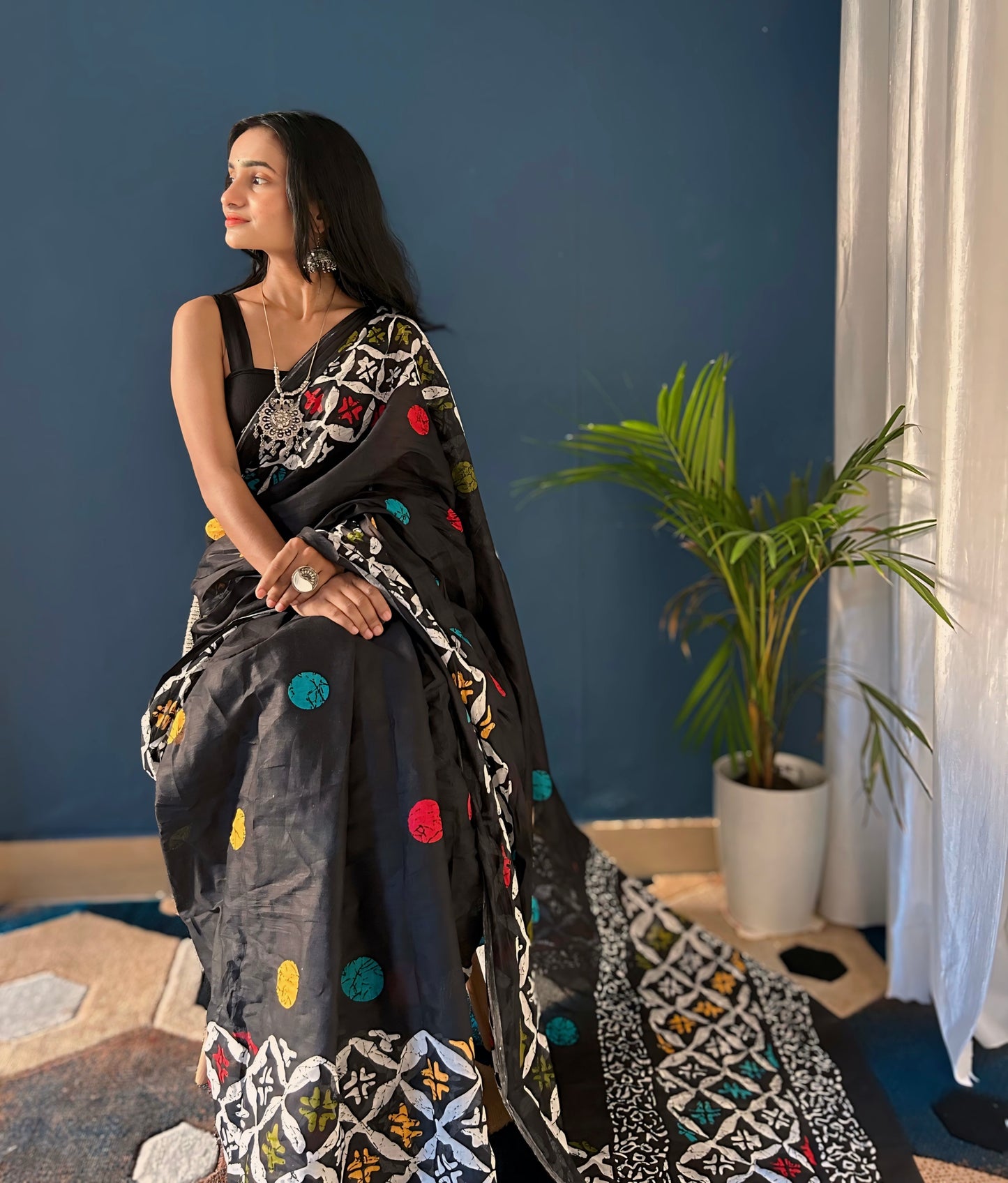 Traditional Black Cotton Mul Printed Saree