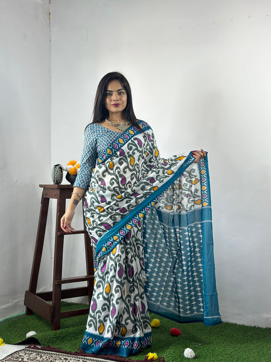 White-Sky Cotton Mul Printed Saree