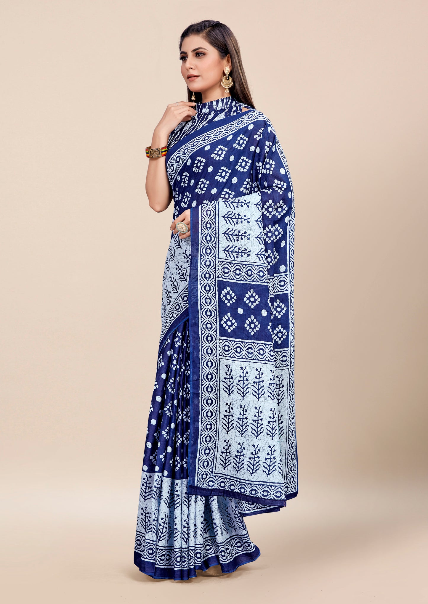 Navy Blue Cotton Mul Printed Saree