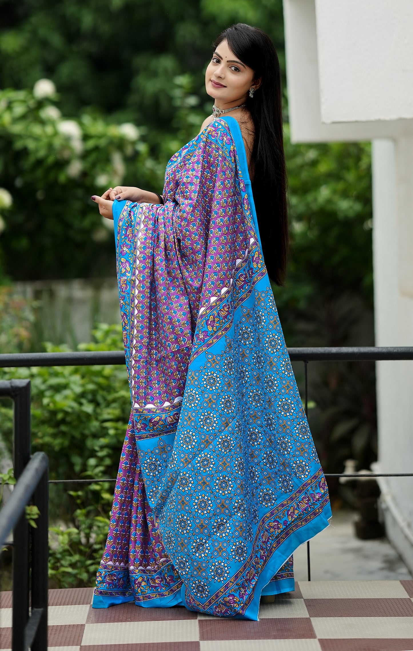 Purple-Sky Cotton Mul Printed Saree