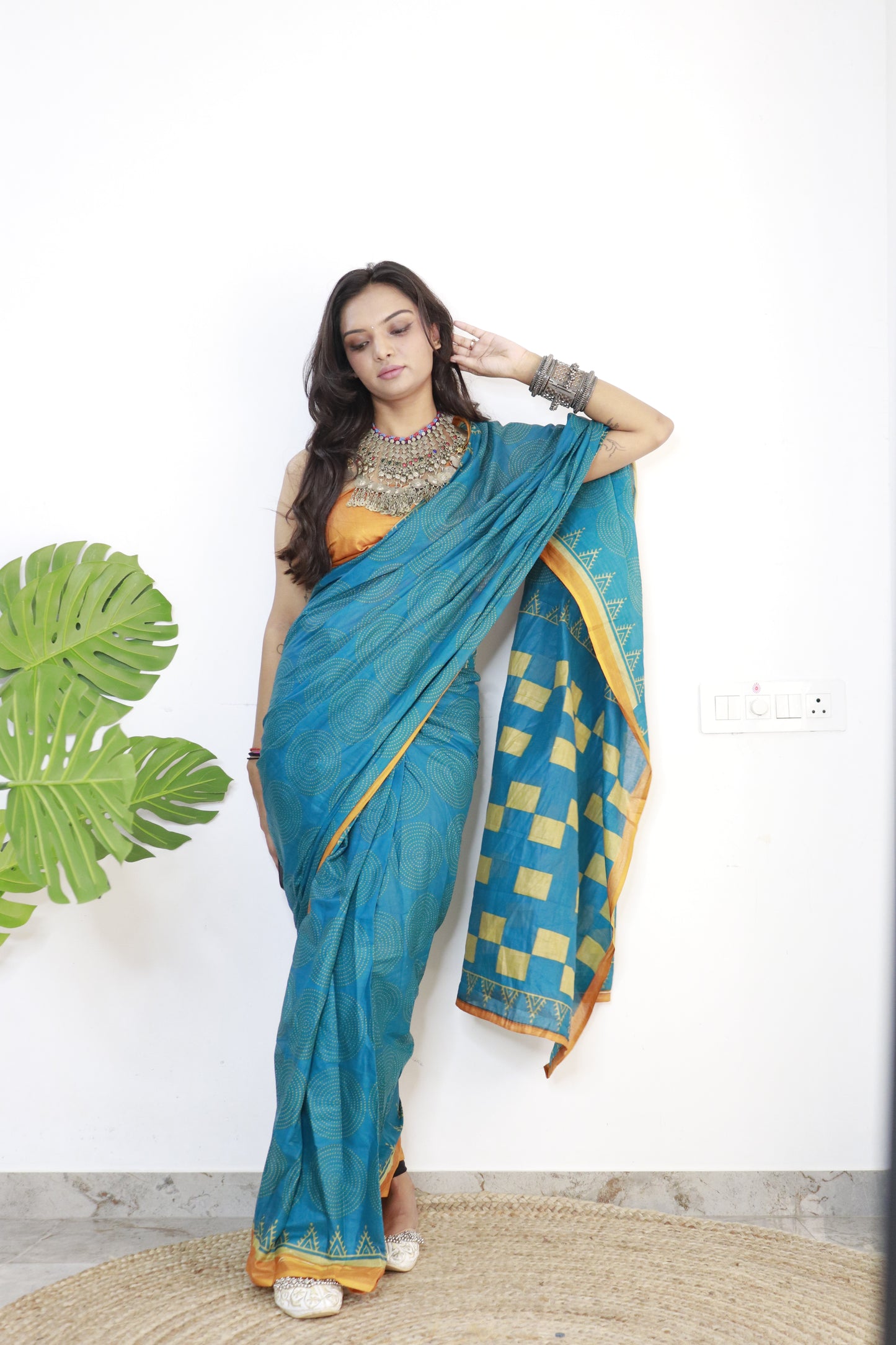 Teal Blue Cotton Printed Saree