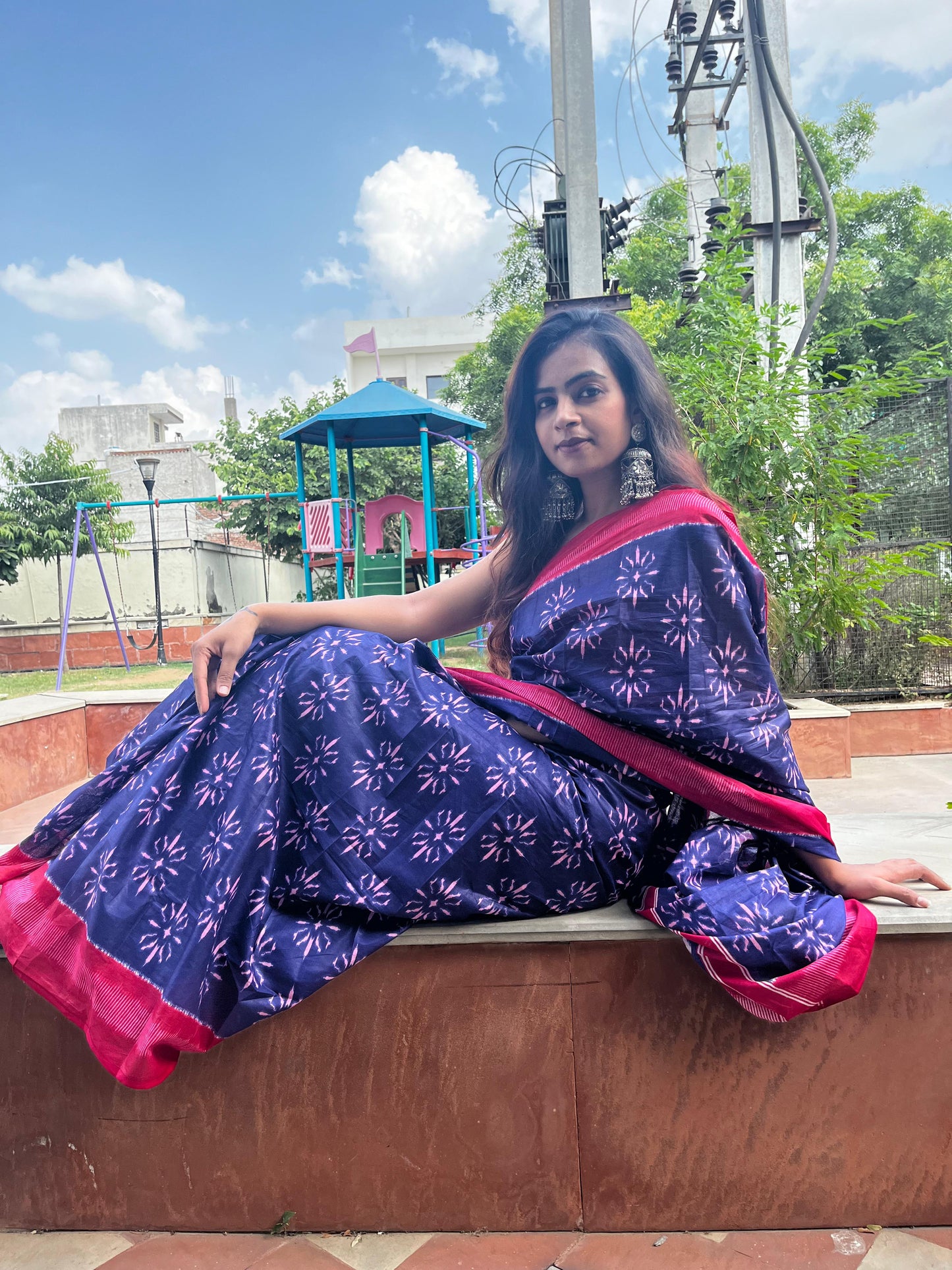 Blue Cotton Mul Printed Saree