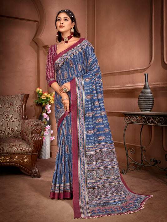 Blue Cotton Mul Printed Saree