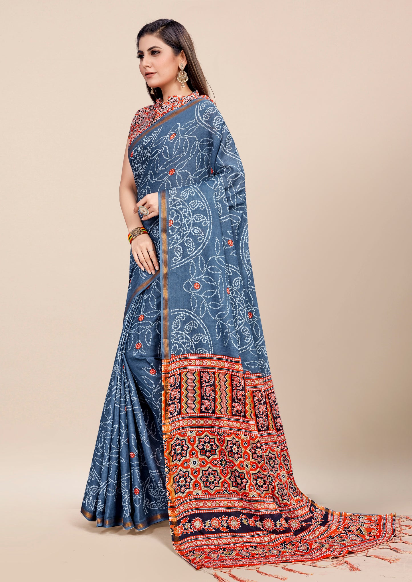 Teal Blue Cotton Mul Printed Saree