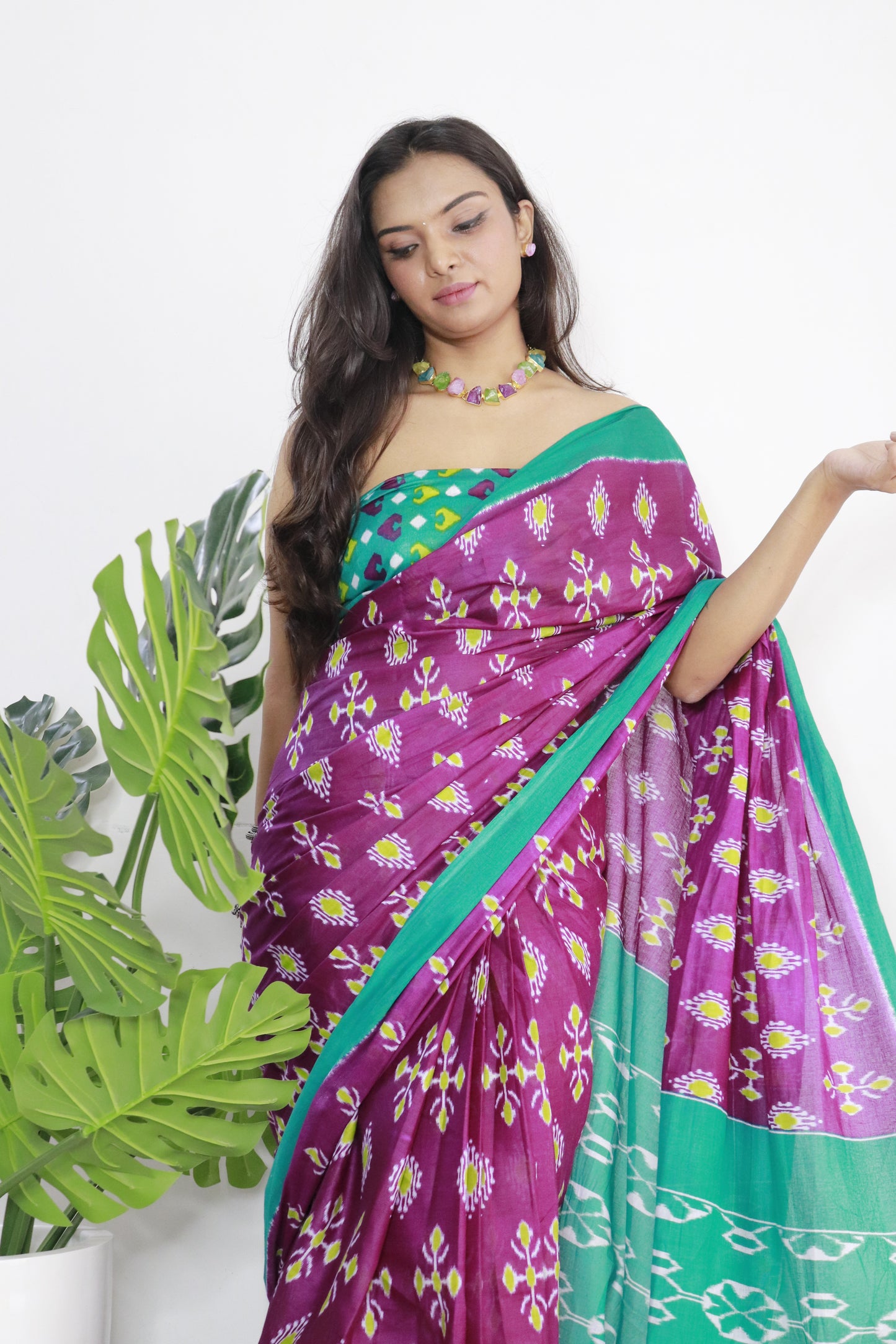 Wine-Mint Green Cotton Printed Saree