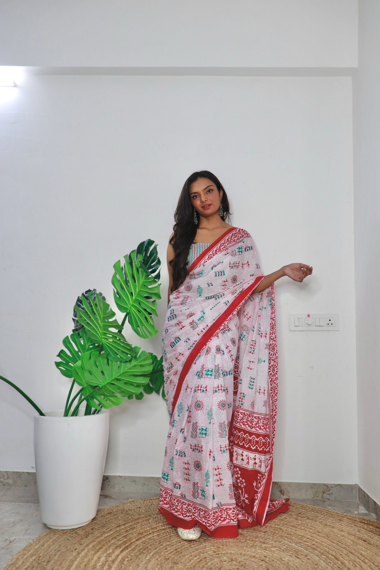 White-Red Cotton Printed Saree